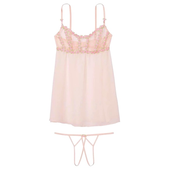 Victoria's Secret Other - LVictoria’s Secret 2PC Pink Very Sexy Rosebud Embroidery Unlined Corset Thong